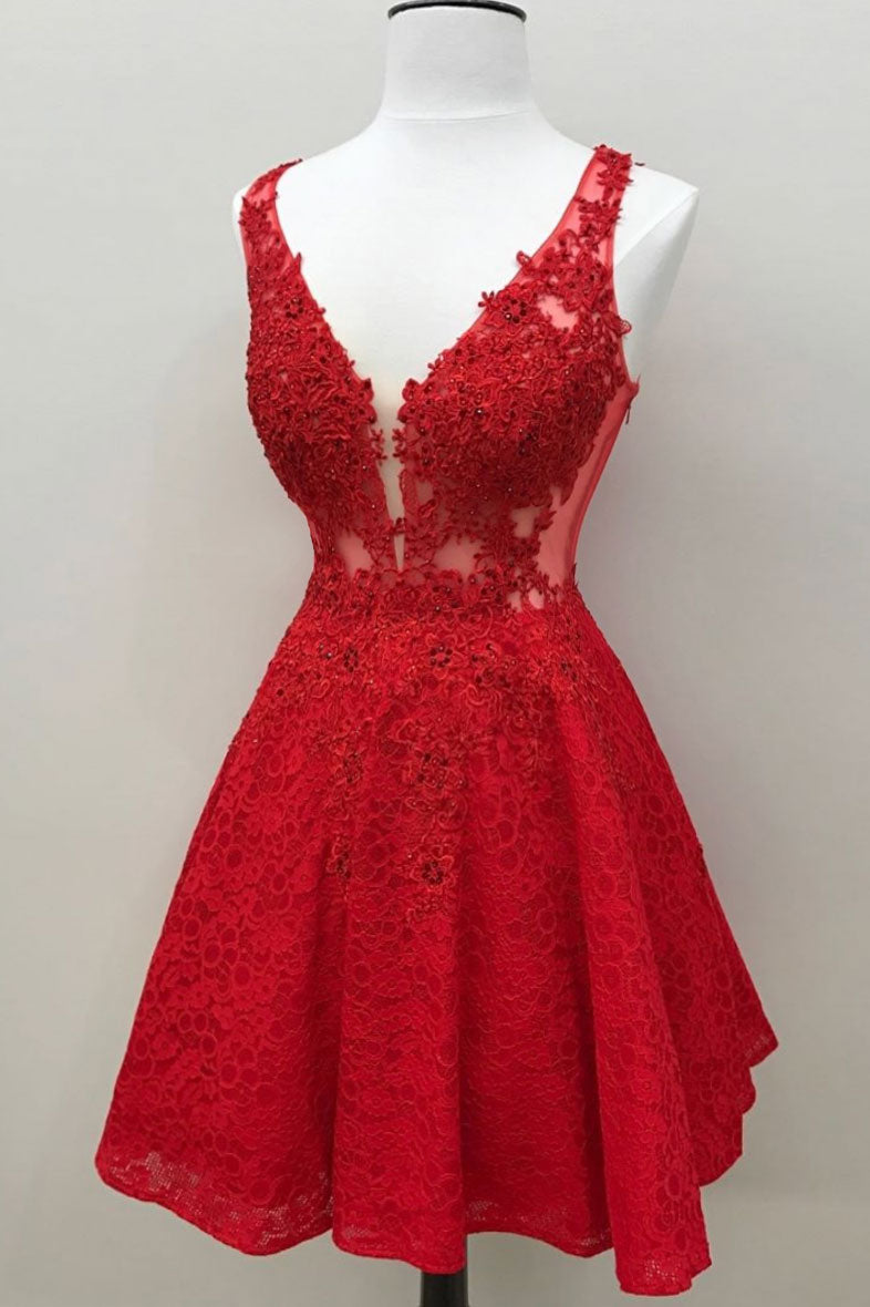 Red v neck lace short prom dress, red ...